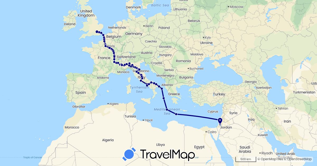 TravelMap itinerary: driving in France, United Kingdom, Israel, Italy, Malta (Asia, Europe)