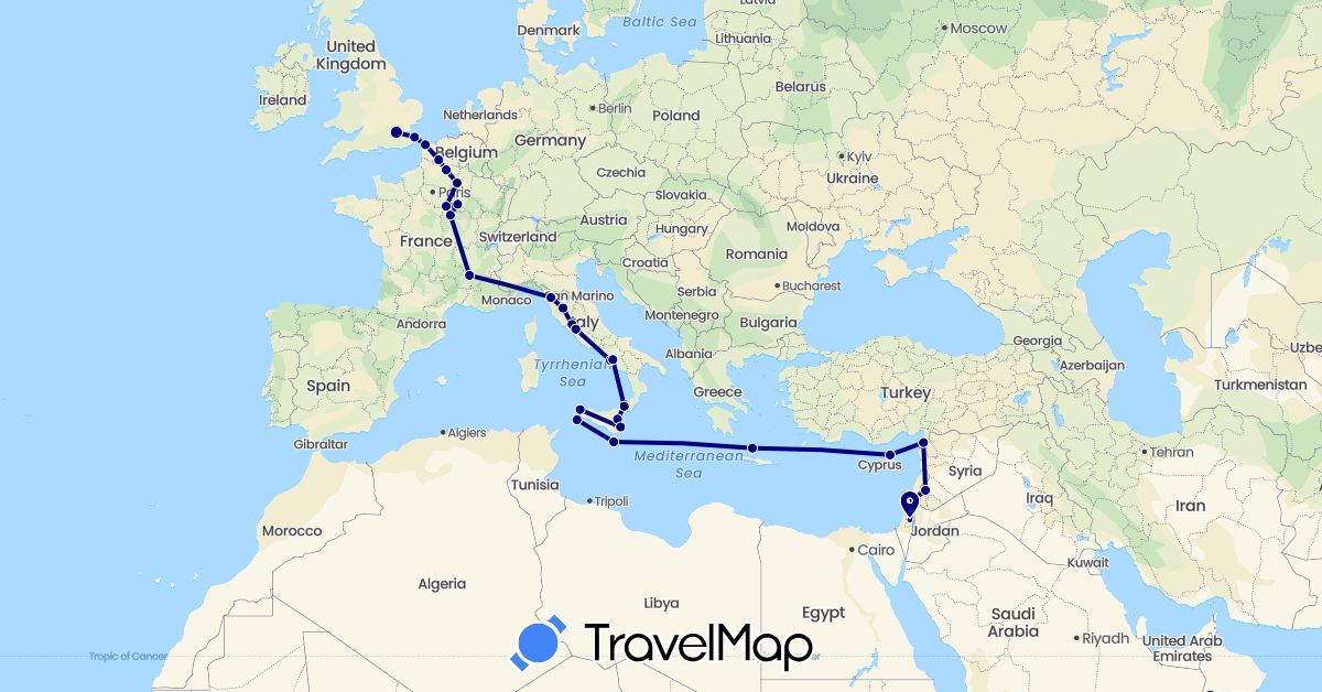 TravelMap itinerary: driving in France, United Kingdom, Israel, Italy, Malta, Syria, Turkey (Asia, Europe)